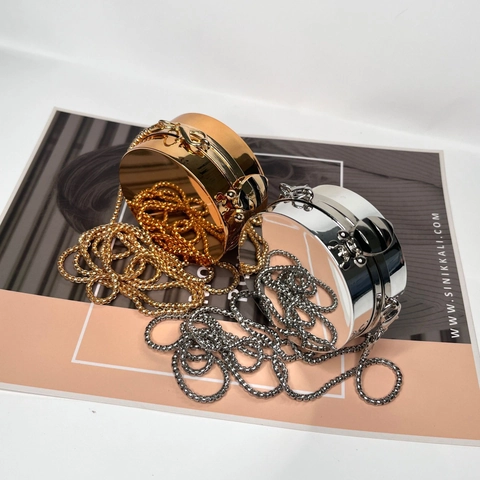 Borsa Tracolla Rotonda Mini Metallo Lucidato A Specchio Minaudière Da Sera Circolare Con Fibbia Ape Catena Lunga Donne