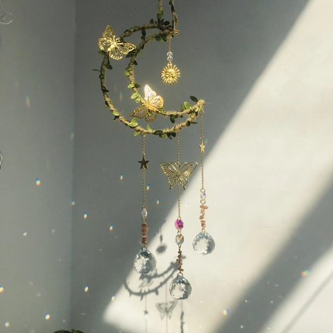 Moon Crystal Suncatcher Wind Chime With Metal Butterfly Natural Stone Prism Rainbow Maker Handmade Boho Garden Decor