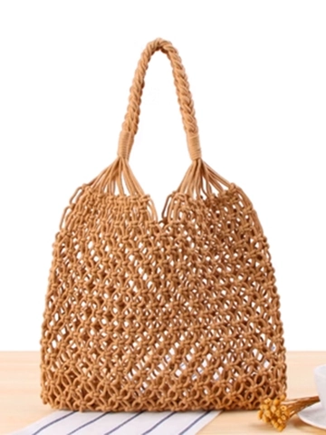 Handwoven Cotton Rope Shoulder Bag Hollow Out Braided Handle Summer Beach Vacation Bohemian Solid Color Women Mesh Tote