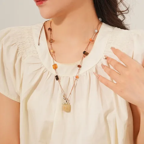 Collier Pendentif Pomme Perles Céramique Oeil De Tigre Longue Chaîne Pull Tissée Main Ethnique Vintage Bohème Femmes