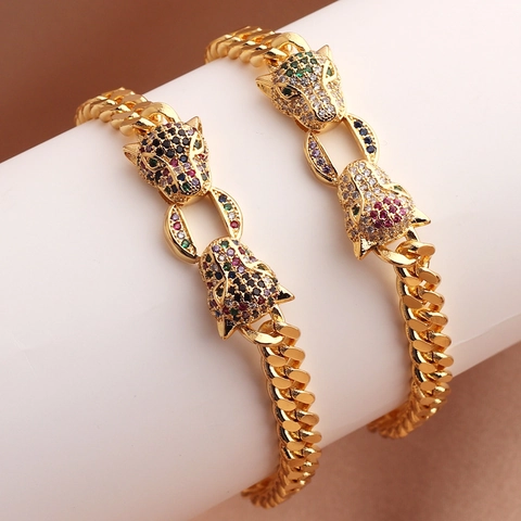 Bracciale A Catena Cubana Con Testa Di Leopardo Rame Placcato Oro Con Zircone Multicolore Gioielli Hip Hop