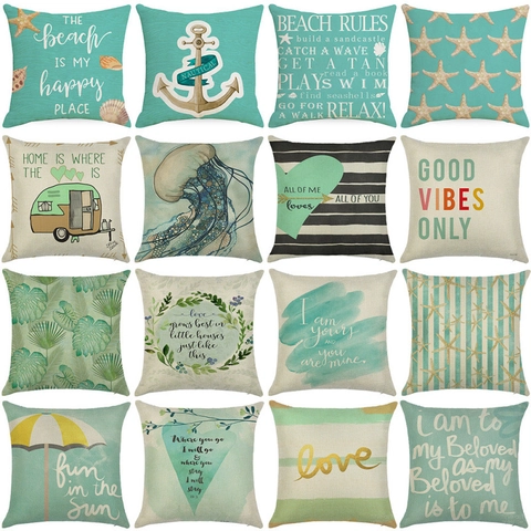 Ocean Theme Cushion Cover Linen Look Printed Square Sea Star Nautical Home Sofa Decor Pillowcase Mediterranean Coastal