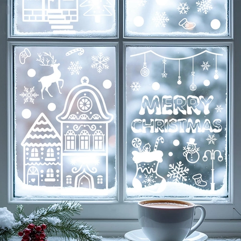 Christmas Window Stickers Static Cling Decals White PVC Snowflake Santa Claus Reindeer Snowman For Glass Door Decoration