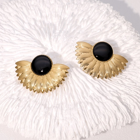Vintage French Style Fan Shaped Stainless Steel Stud Earrings For Women Gold Plated Geometric Jewelry Wedding Party Gift