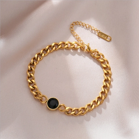 Vintage Goud Titaniumstaal Cubaanse Ketting Armband Voor Vrouwen Minimalistische Ronde Zwarte Strass Ingelegd Punk Sieraden Cadeau