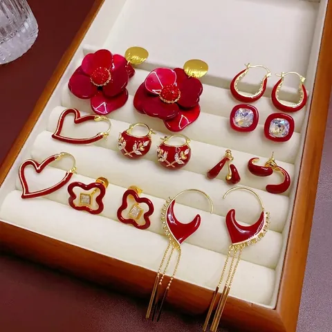 Vintage Rote Emaille Ohrringe Für Damen Herz Blume Schleife Legierung Stecker Mit Silber Stecker Süßer Französischer Schmuck