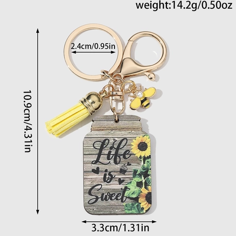 Portachiavi in Legno a Girasole Con Nappina Ape Ciondolo Perla Artificiale Frase a Forma di Barattolo Regalo Rustico
