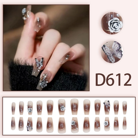 Uñas Postizas Largas Forma Ataúd Con Decoración De Camelia 3D Mariposa Degradado Marrón Para Mujeres