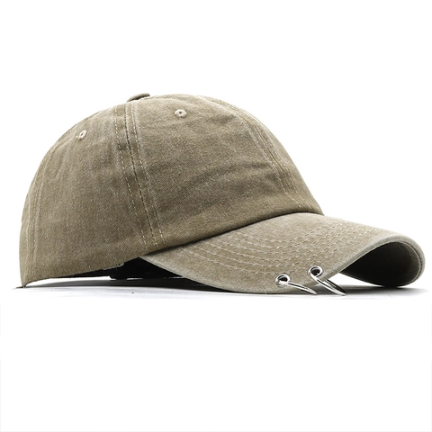 Washed Cotton Baseball Cap Vintage Distressed Peaked Hat Metal Rings Decoration Casual Streetwear Unisex Solid Color