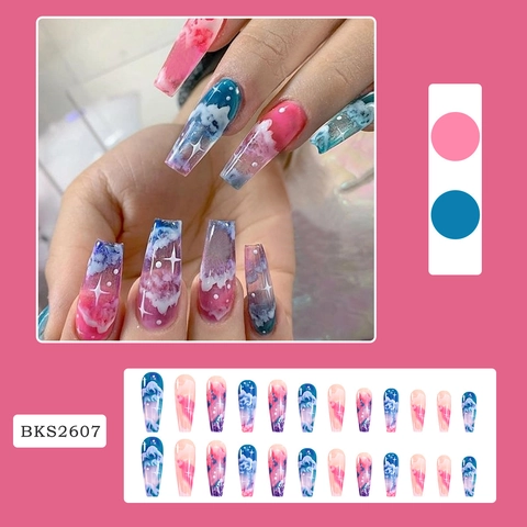 Uñas Postizas Largas De Ataúd Degradado Colorido Nube Mármol Diseño Estrellado DIY Manicura Para Mujeres