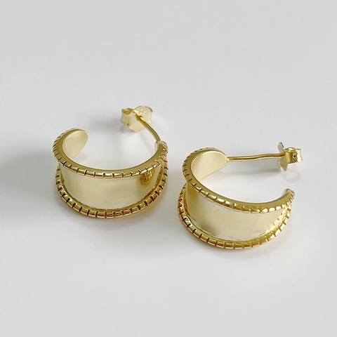 Gold Vergoldete C-Form Breite Creolen Mit 925 Sterling Silber Ohrstecker Minimalistischer Perlenrand Schmuck Für Damen
