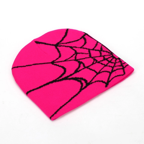 Streetwear Spider Web Pattern Knitted Beanie Jacquard Warm Acrylic Winter Hat For Men Women Y2K Aesthetic Skull Cap