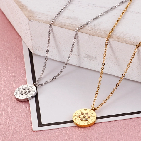 Conjunto De Collar Y Pendientes De Acero Inoxidable Redondo Números Romanos Zircón Incrustado Para Mujer Elegante