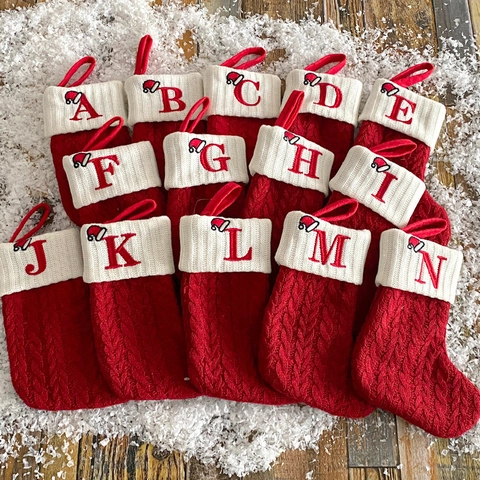 Knitted Christmas Stockings Alphabet Letter Embroidered Cable Knit Holiday Hanging Tree Decoration Red White