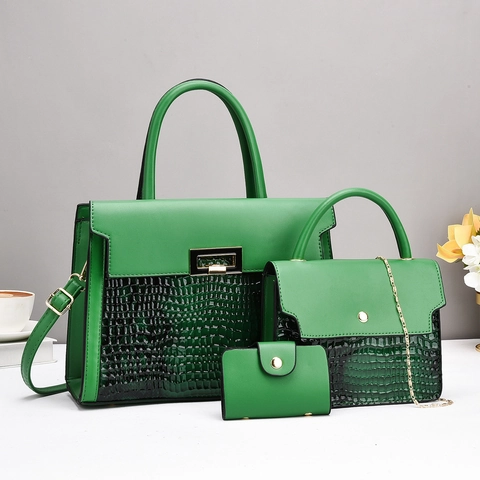 Women PU Leather Crocodile Snake Pattern Handbag Shoulder Bag Crossbody Bag And Card Holder Contrast Color Trendy