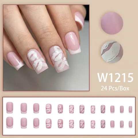 Long Square Press On Nails ABS Plastic French Tip Pink And White Lip Print Bow Design Full Cover Removable For Women Manicure