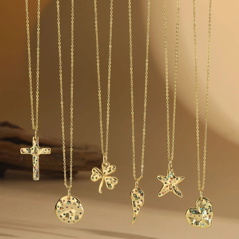 Minimalistische Kupfer Bunte Zirkonia Eingelegt Anhänger Halskette Für Damen Vergoldet Herz Stern Kleeblatt Mode Schmuck Geschenk