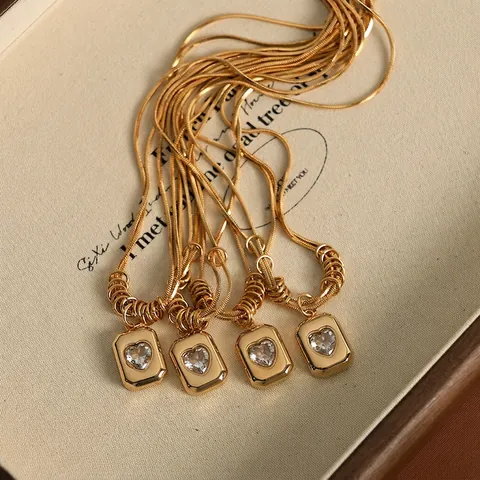 Stainless Steel Heart Pendant Necklace With Zirconia Inset Rectangle Geometric 18K Gold Plated Snake Bone Chain Women Vintage