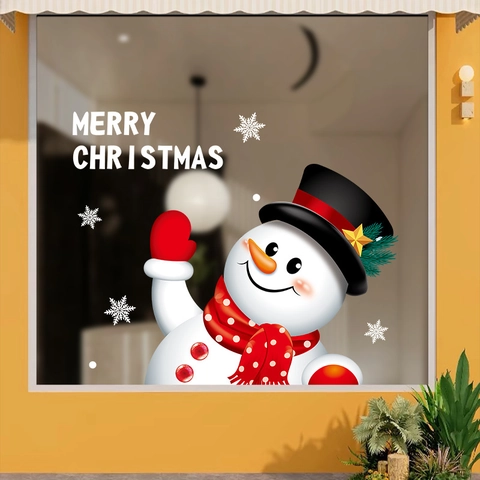 Pegatina Ventana Navidad Estática PVC Muñeco De Nieve Dibujos Animados Doble Cara Vidrio Tienda Calcomanías Feliz Navidad