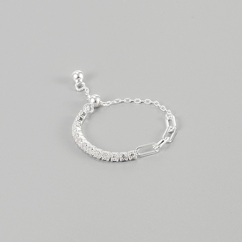925 Sterling Silver Adjustable Chain Link Ring For Women Minimalist Inlaid Rhinestone Geometric Finger Ring Fashion Jewelry Gift