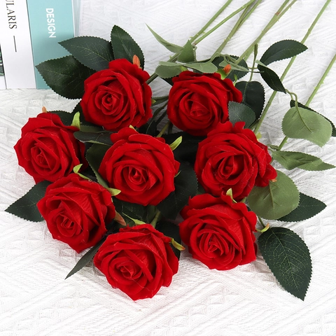 Realistic Artificial Rose Flower Single Long Stem Satin Velvet Fabric Fake Roses For Home Wedding Party Table Decoration