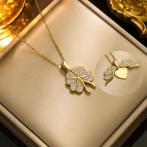 Collar con Colgante de Corazón y Trébol de Cuatro Hojas Plegable Creativo de Acero Inoxidable con Strass Joyería Cadena Clavícula Mujer Regalo