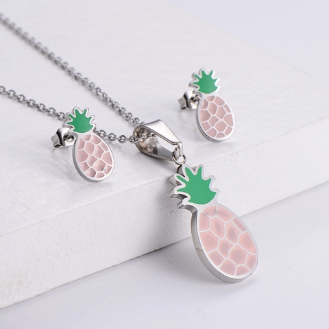 Ananas Halskette Und Ohrstecker 316 Edelstahl 18K Vergoldet Emaille Rosa Grün Schmuck Für Frauen Mädchen