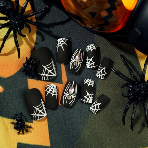 Faux Ongles Halloween Noir Mat Toile Araignée Avec Strass Carré Ongles Artificiels Femmes Décor De Fête