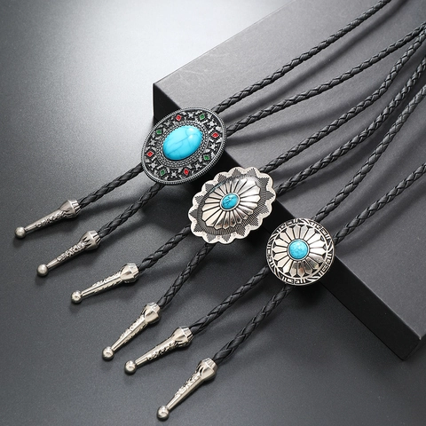 Western Retro Bolo Tie Türkis Legierung Anhänger PU Geflochtene Leder Krawatte Unisex Vintage Cowboy Accessoire