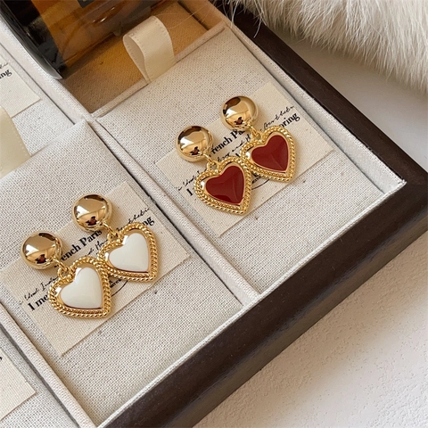 Orecchini Cuore Stile Vintage Francese Con Smalto E Perno Argento Sterling 925 Donna Rame Placcato Oro 18K