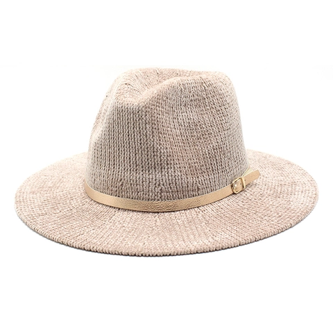 Vintage Chenille Fedora Hat Wide Brim Knitted Solid Color Jazz Cap With Gold Buckle Unisex Autumn Winter Fashion