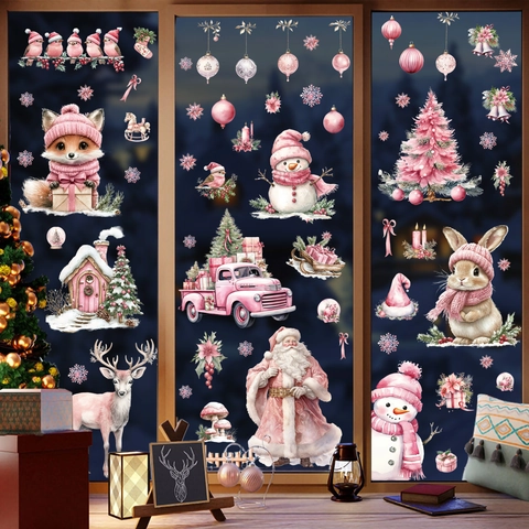 Rosa Weihnachten Fensterbilder Statisch PVC Doppelseitig Aquarell Weihnachtsmann Schneemann Rentier Für Feiertag Home Party Glas Deko