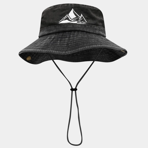 Washed Cotton Outdoor Bucket Hat With Mountain Embroidery Wide Brim Adjustable Windproof Rope For Hiking Camping