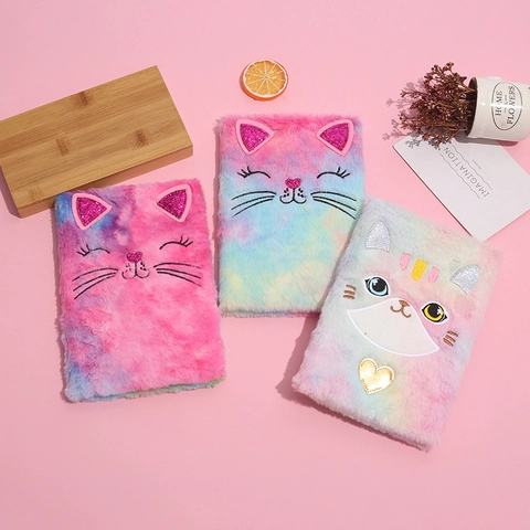 Cute Cartoon Cat Plush Notebook For Girls Soft Faux Fur Rainbow Gradient Diary Journal With Sequin Ears Stationery Gift
