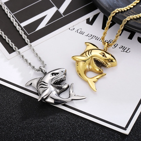 Shark Pendant Necklace Stainless Steel Hip Hop Animal Jewelry With Twisted Rope Chain For Men Trendy Personality Style