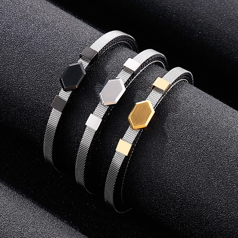 Hexagon Edelstahl Geflecht Und Gewebtes Baumwollseil Armband Mit Magnetverschluss Für Herren Unisex Industrial Punk Stil