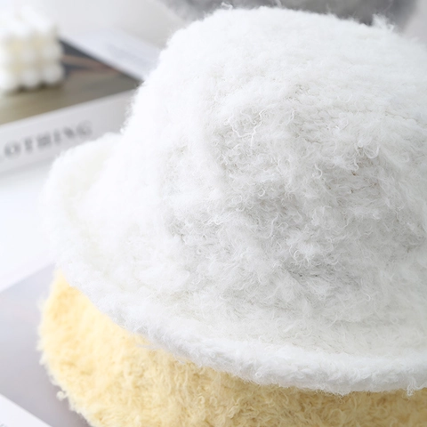 Gorro De Pescador Para Mujer Invierno Lana De Cordero Sintética Cálido Felpa Bucket Hat Color Sólido Plegable