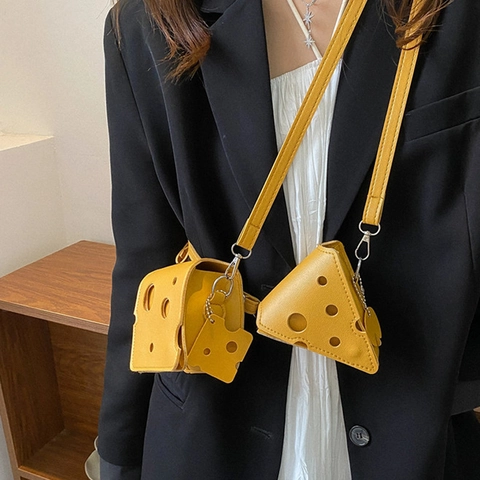 Cheese Shaped Mini Crossbody Bag PU Leather Yellow Cute Hole Design Coin Purse Small Square Pouch