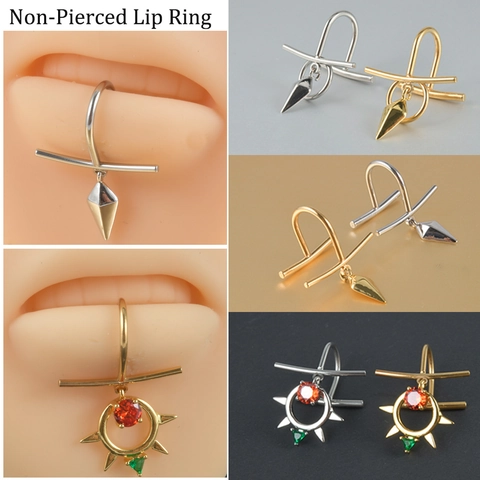 Lip Ring Edelstahl Nicht Durchstochen U-Förmig Clip-On Fake Piercing Schmuck Zirkon Kreuz Sonnenblume Anhänger Unisex
