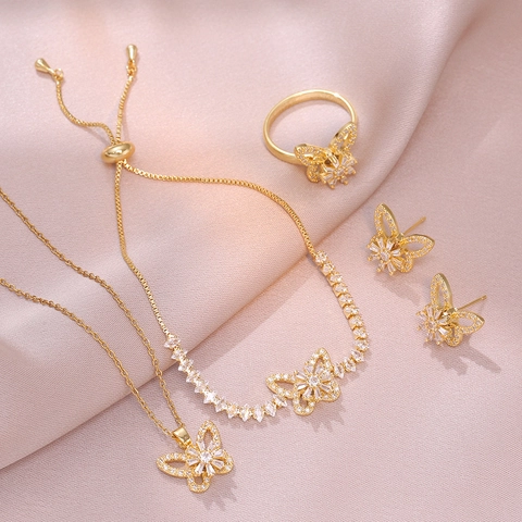 Butterfly Rotating Jewelry For Women Titanium Steel Gold Plated Micro Inlaid Zircon Necklace Earrings Ring Bracelet Fashion