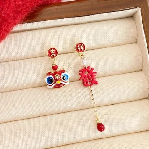 Pendientes Asimétricos Danza Del León Aleación Esmalte Perla Artificial Con Poste De Plata Año Nuevo Chino Rojo Oro Retro Mujeres