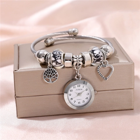 Women Fashion Beaded Bracelet Watch Alloy Stainless Steel Quartz Wristwatch With Heart Tree Of Life Charms Gift