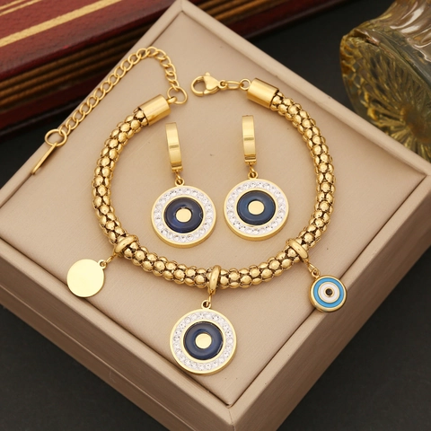 Collana E Bracciale Pendente Malocchio Acciaio Inossidabile Smalto Strass Ciondolo Rotondo Catena Doppio Strato Gioielli Donna