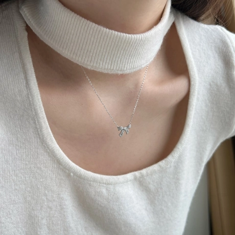 Bowknot Jewelry 925 Sterling Silver Necklace And Earrings With Sparkling Cubic Zirconia Elegant Fashion For Women