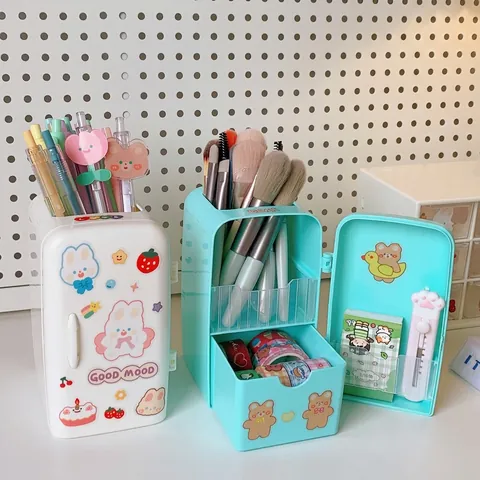 Portapenne A Forma Di Frigorifero Kawaii Organizzatore Da Scrivania Scomparti Multipli Scatola Per Cancelleria Con Adesivi Cartoni Animati