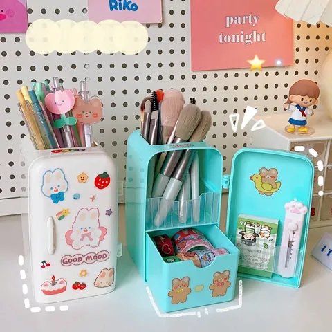 Kawaii Refrigerator Shaped Pencil Holder Desktop Organizer Multi Compartment Stationery Storage Case With Cute Cartoon Stickers For Students Girls