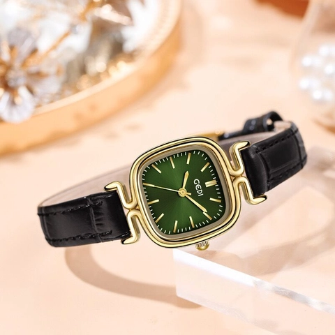 Women Square Quartz Watch Genuine Leather Strap Waterproof Vintage Elegant Gold Case Analog Timepiece