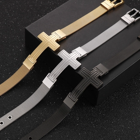 Pulsera De Cruz Para Hombre De Acero Inoxidable Correa De Malla Milanesa Ajustable Estilo Punk Rock