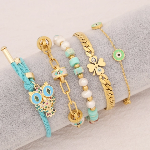 Stainless Steel Bracelet For Women Natural Stone Freshwater Pearl Owl Evil Eye Clover Adjustable Chain Jewelry