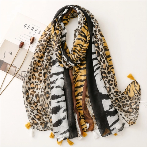 Sjaal Sjaal Dierenprint Luipaard Tijger Zebra Patchwork Polyester Voile Kwastje Tulband Strand Reizen Lichtgewicht Boho